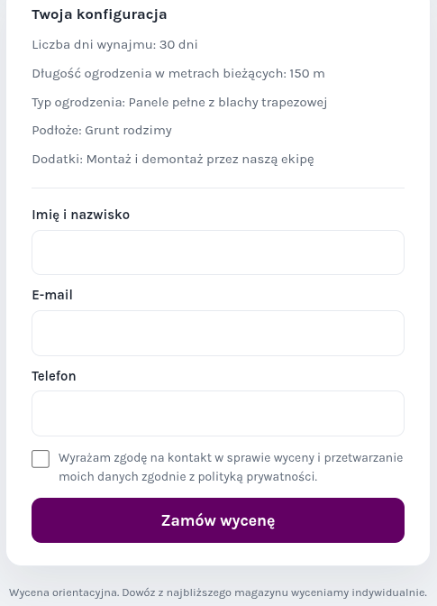 Podsumowanie wyceny z rozbiciem na pozycje