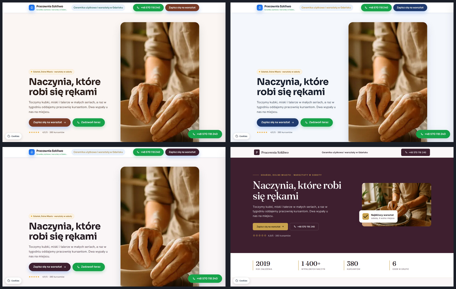 Ta sama strona firmowa w czterech różnych paletach kolorów