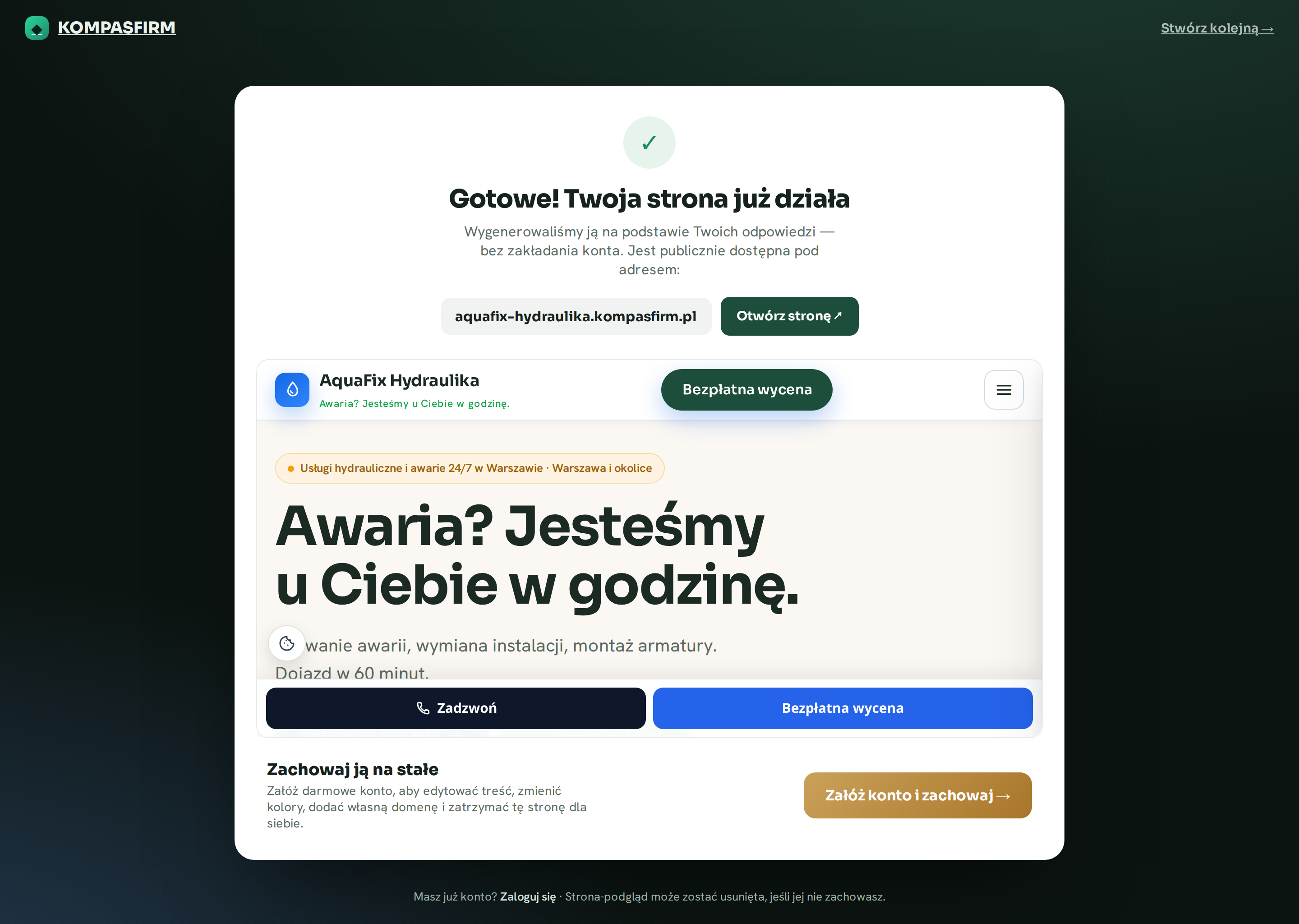 Gotowa strona firmowa zaraz po wygenerowaniu przez kreator