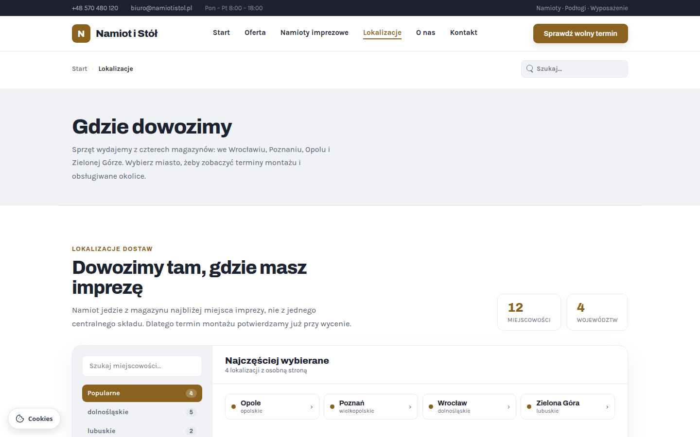 Strona zbiorcza z listą obsługiwanych lokalizacji
