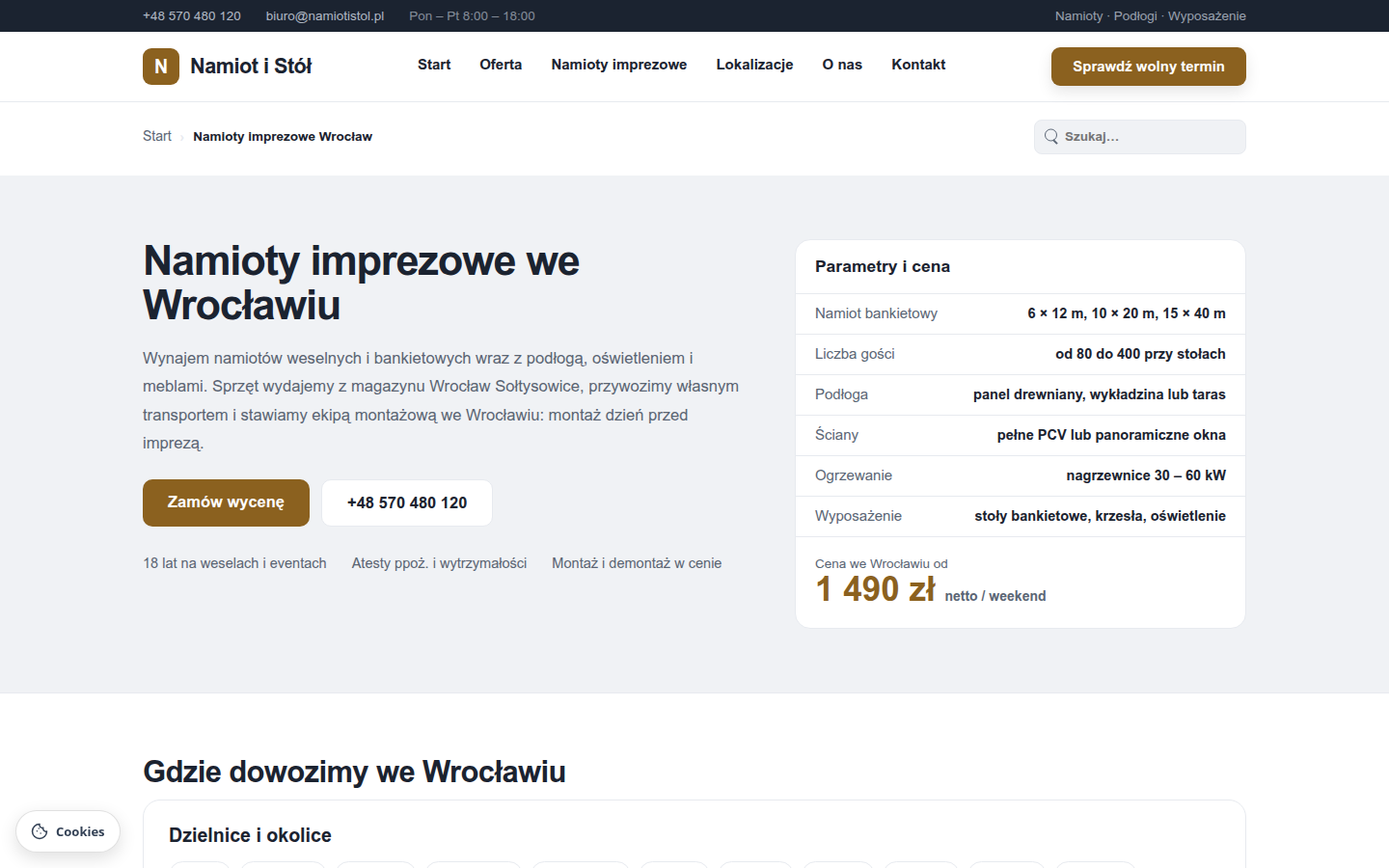 Podstrona lokalna „Namioty imprezowe Wrocław" na demonstracyjnej stronie wypożyczalni namiotów