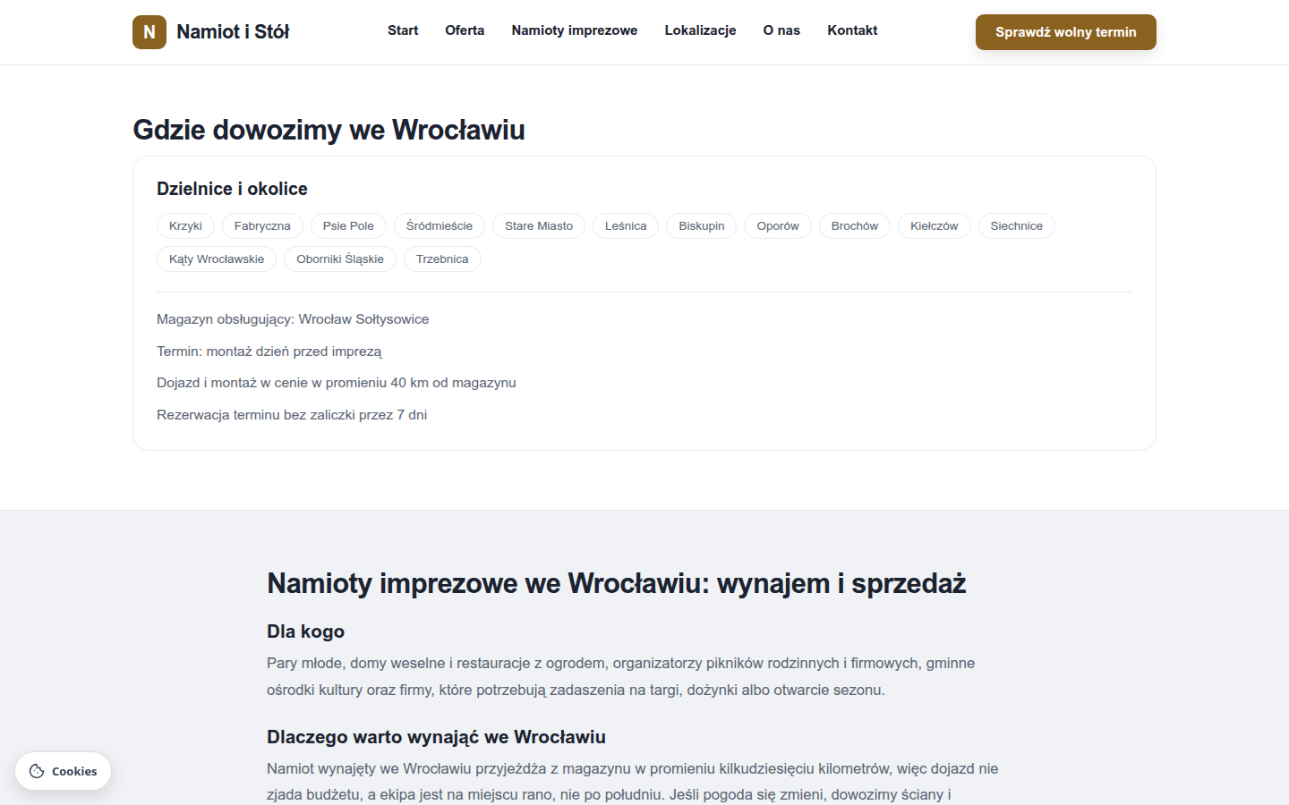 Sekcja „Gdzie dowozimy" z listą dzielnic i okolic obsługiwanych w danym mieście