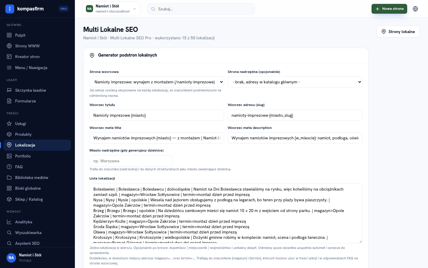 Generator podstron pod miasta i dzielnice