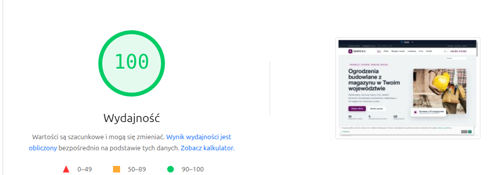 Wynik PageSpeed Insights na komputerze