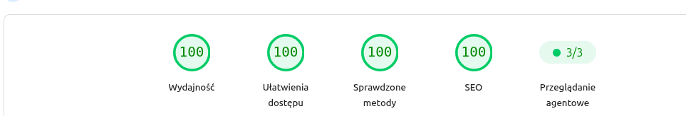 Wyniki desktop: wydajność 100, ułatwienia dostępu 100, sprawdzone metody 100, SEO 100