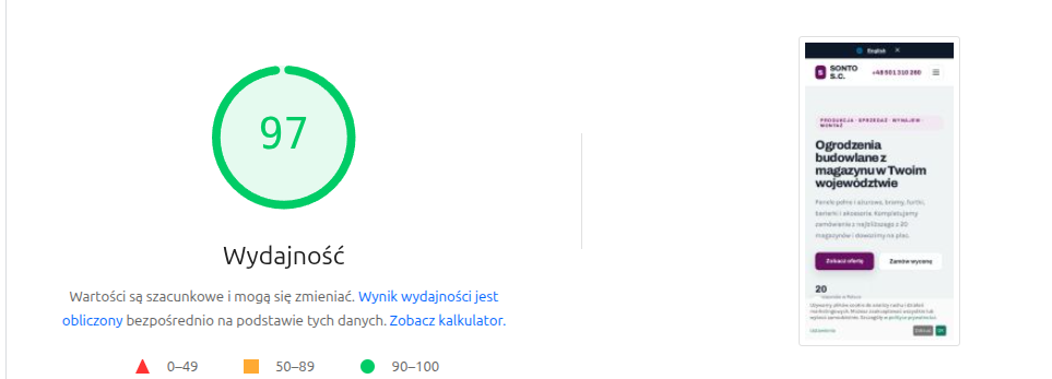 Wynik PageSpeed Insights na telefonie