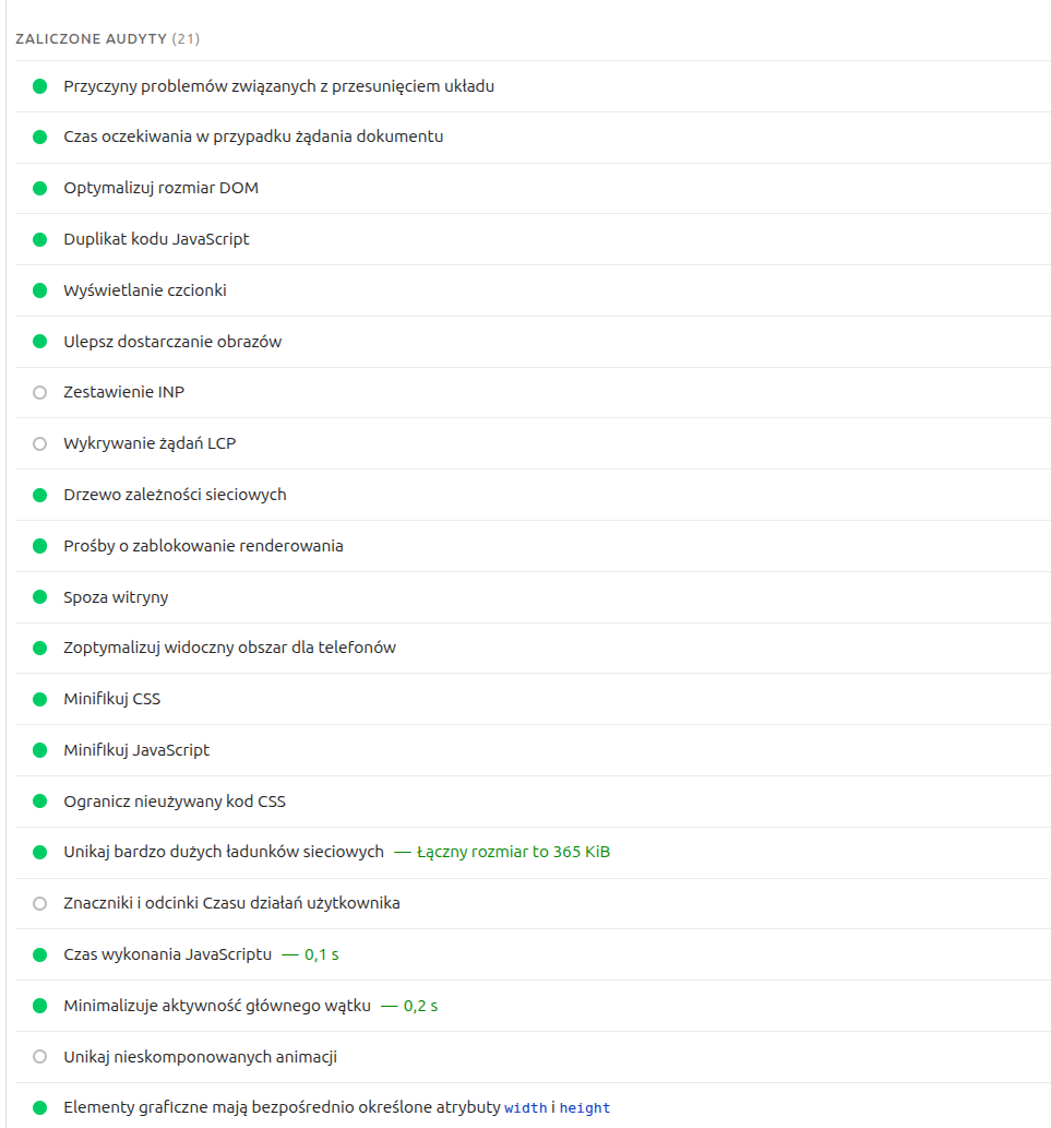 Lista 21 zaliczonych audytów wydajności dla wersji mobilnej