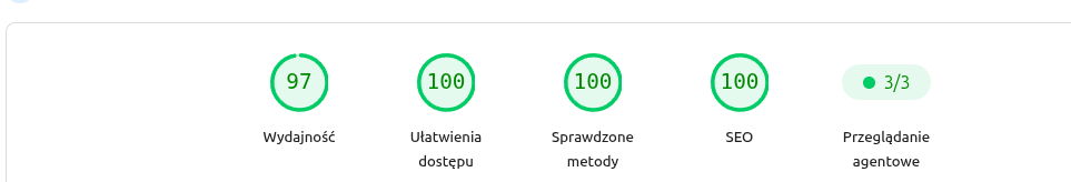 Wyniki mobile: wydajność 97, ułatwienia dostępu 100, sprawdzone metody 100, SEO 100