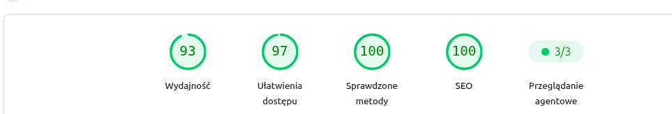 Wyniki mobile podstrony: wydajność 93, ułatwienia dostępu 97, sprawdzone metody 100, SEO 100