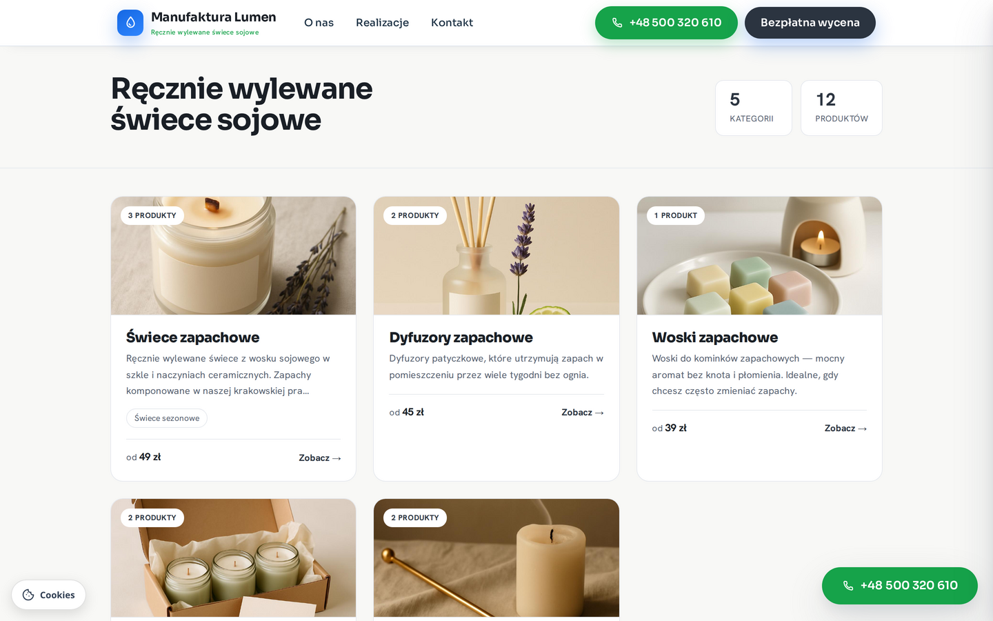 Strona główna mini sklepu: kategorie z licznikami produktów i karty z cenami "od"