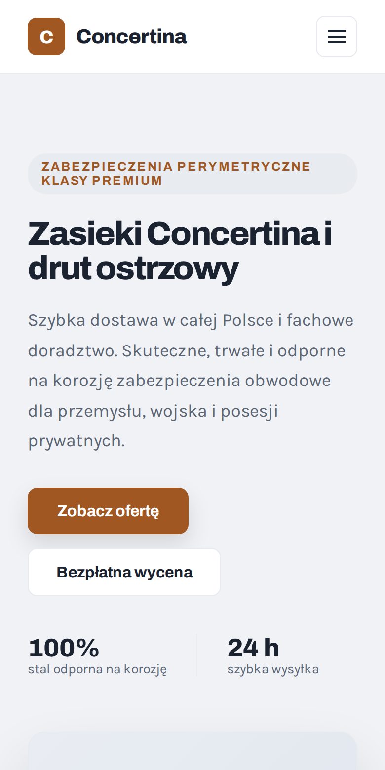 Ta sama strona firmowa na ekranie telefonu, z czytelnym menu i przyciskami