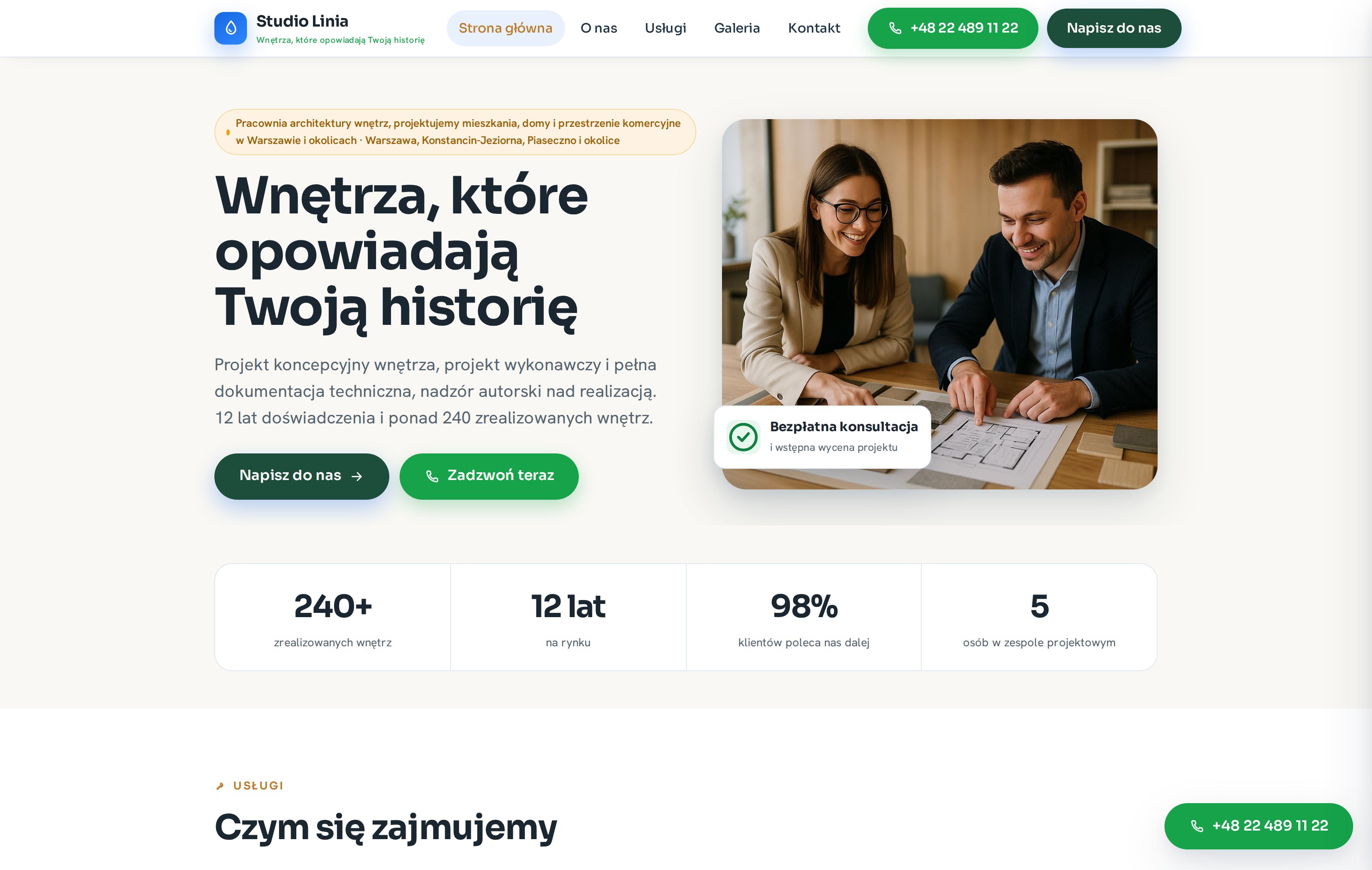 Strona główna wizytówki firmowej: pracownia architektury wnętrz z ofertą, atutami i wezwaniem do kontaktu