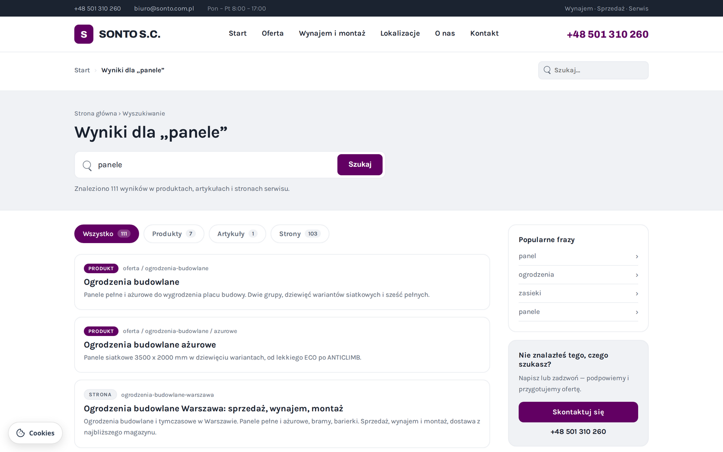 Wyniki wyszukiwania pogrupowane w panele tematyczne