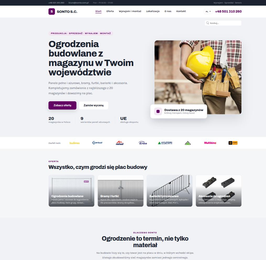 Katalog sprzętu: strona główna firmy od ogrodzeń budowlanych z kategoriami sprzętu i szybką wyceną
