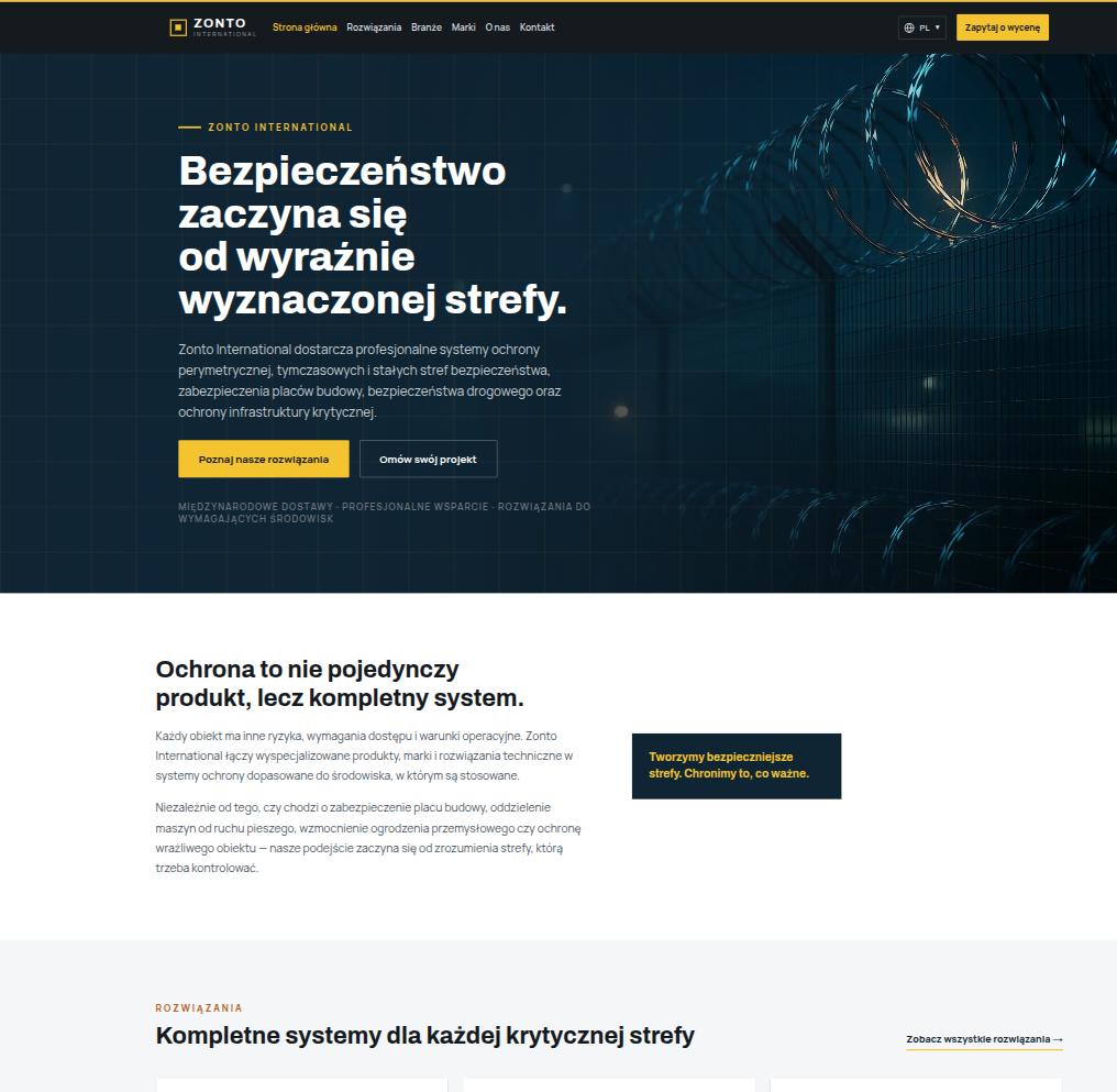 Strona korporacyjna B2B producenta systemów ochrony perymetrycznej: techniczna stylistyka i przełącznik języków