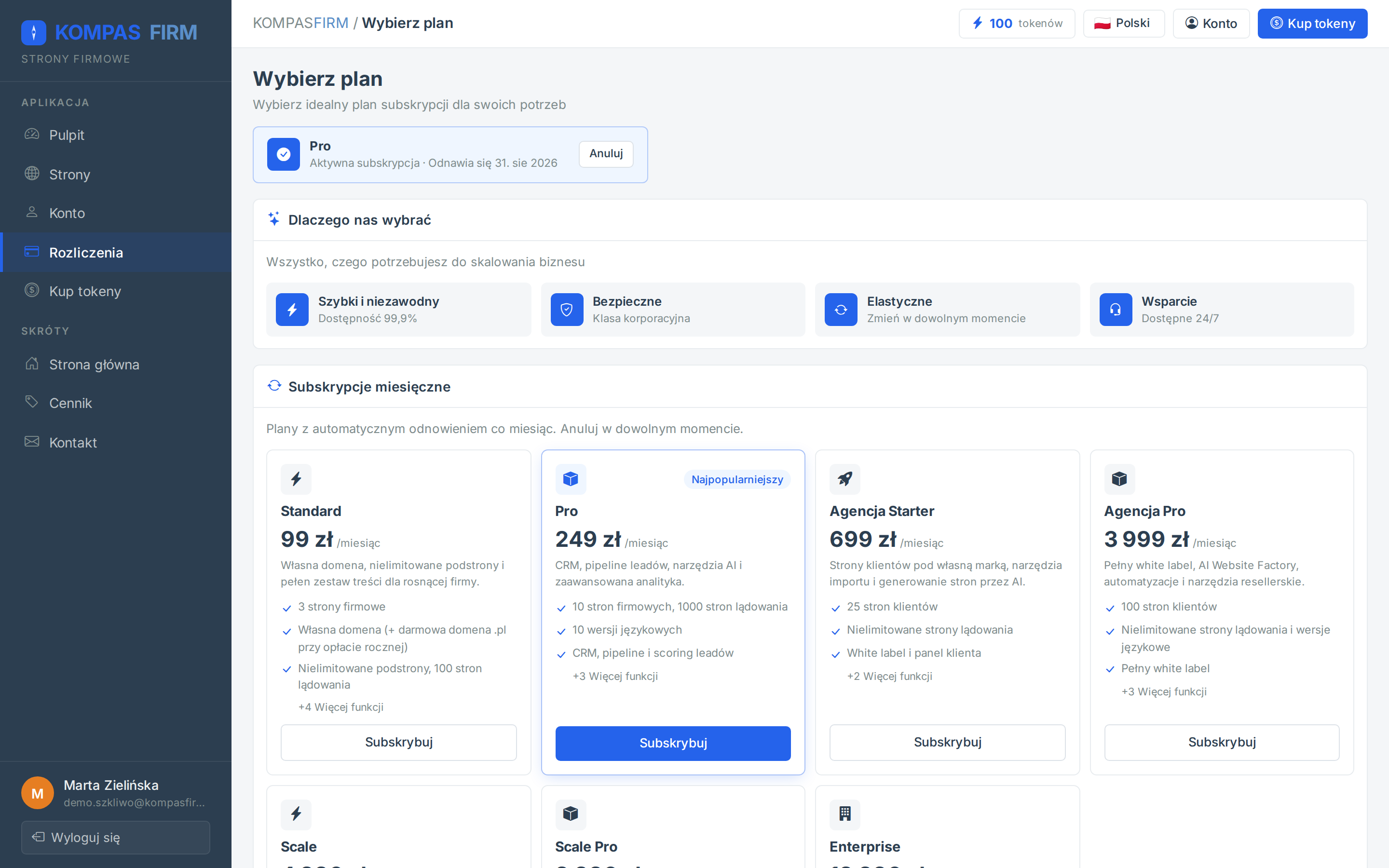 Lista planów w panelu z cenami 99, 249, 699 i 3999 zł miesięcznie