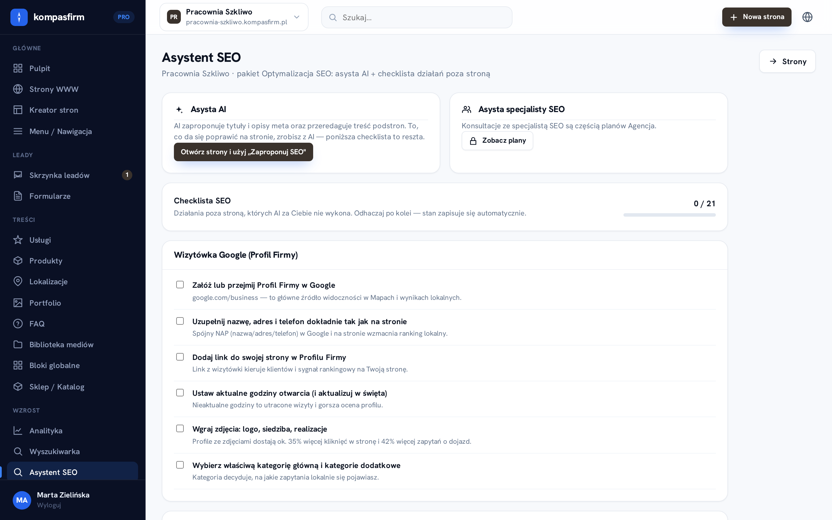 Asystent SEO w panelu: asysta AI i checklista działań poza stroną