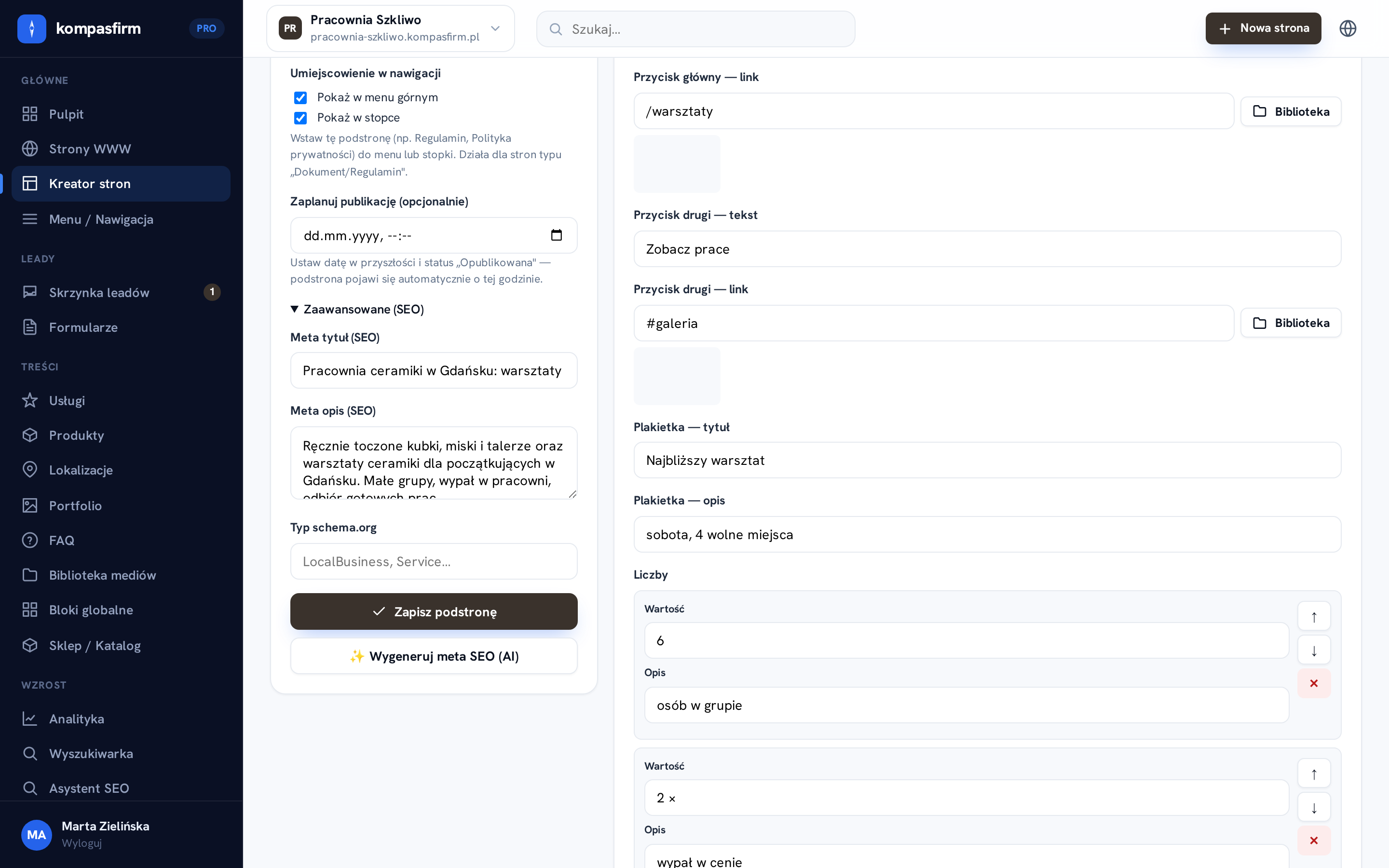 Pola meta tytuł i meta opis w edytorze podstrony, z przyciskiem generowania przez AI